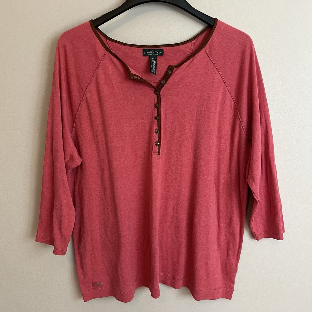 LRL Lauren Jeans Co Ralph Lauren Pink Henley Top 3/4 Sleeve 100% Cotton 3X